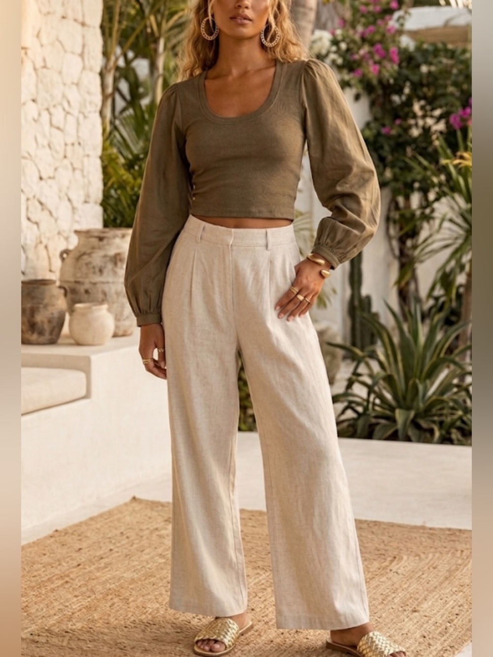 Sundays By Wearesundays Top M Olive Silk Blend Puff Long Sleeve Ribbed Knit Boho